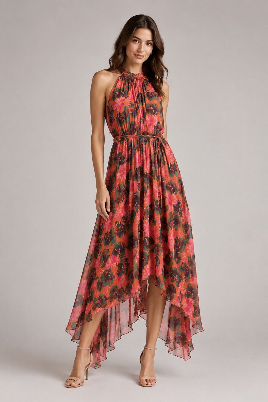 Saloni Floral Silk Chiffon Halter High Low Maxi Dress Orange Pink US 4 NWT